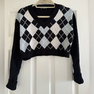 Cropped Blue, Black and White Argyle Sweater.